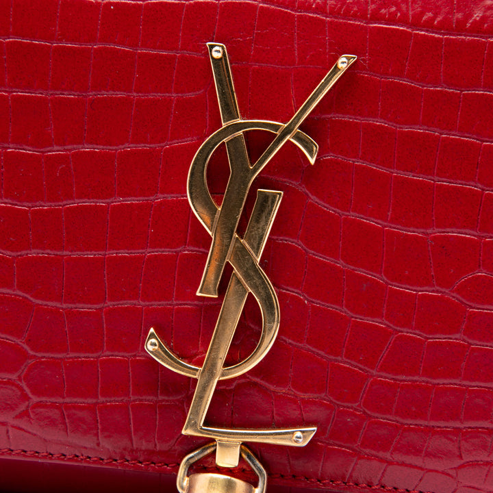 Saint Laurent Small Croc embossé Cuir Kate Pompon Sac porté croisé