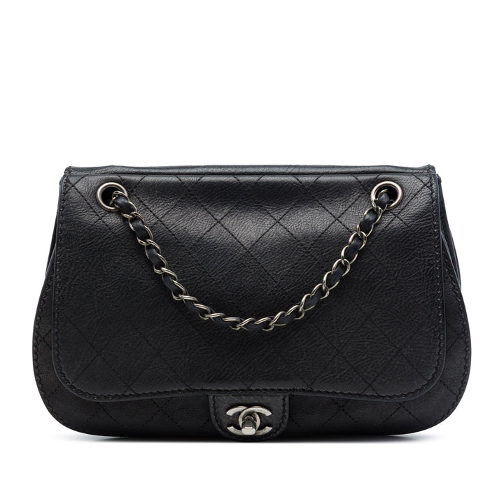Chanel Matelassé Coco Twin à rabat Cuir de veau Noir