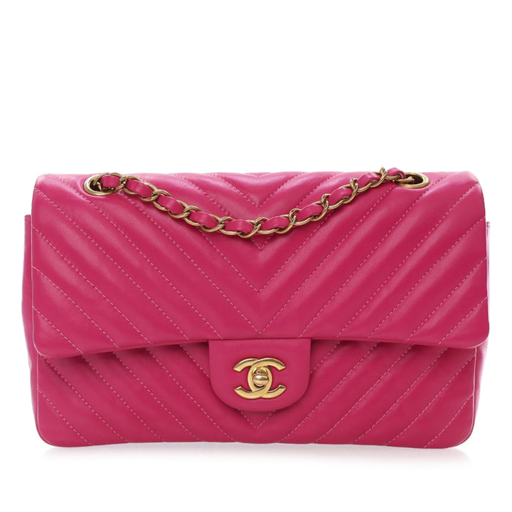 Chanel Medium Classic Chevron Cuir d’agneau Double rabat Rose
