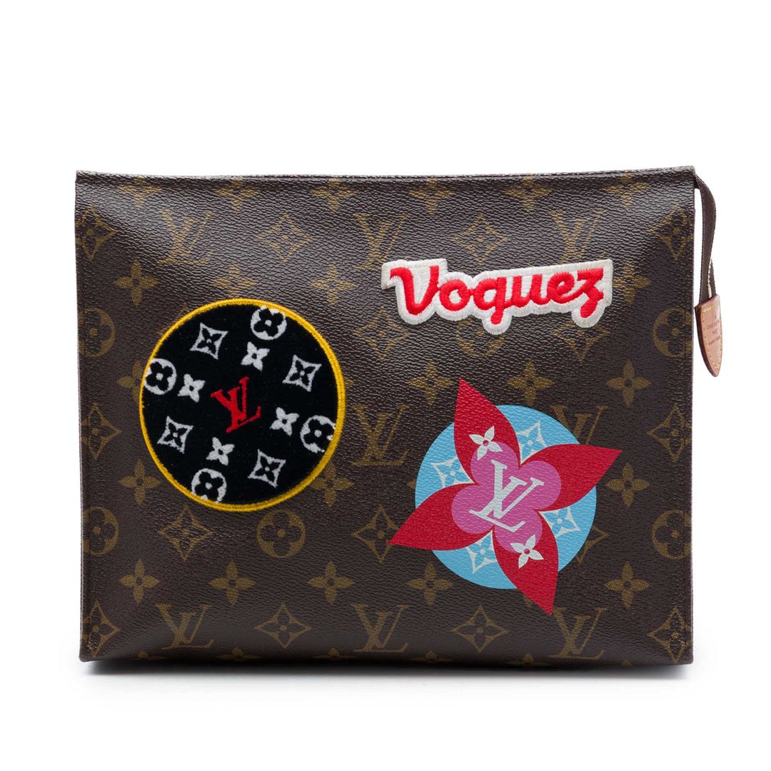 Louis Vuitton Pochette Édition limitée Patches et Travel Stickers Toiletry 26 Monogram Marron – vue principale – GABY PARIS