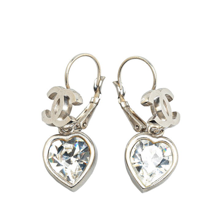 Silver CC Crystal Heart Drop Lever Back Earrings Silver - Gaby Paris