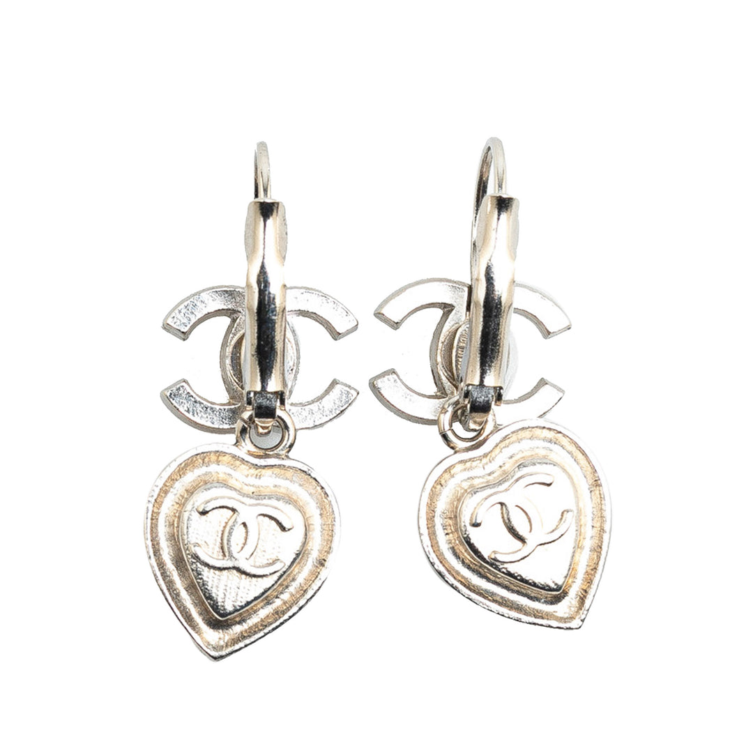 Silver CC Crystal Heart Drop Lever Back Earrings Silver - Gaby Paris