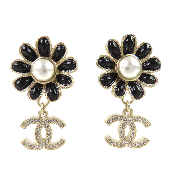 CC plaqué Strass Émail Perles fantaisie Flower pendantes fermoir poussette Boucles d'oreilles Doré