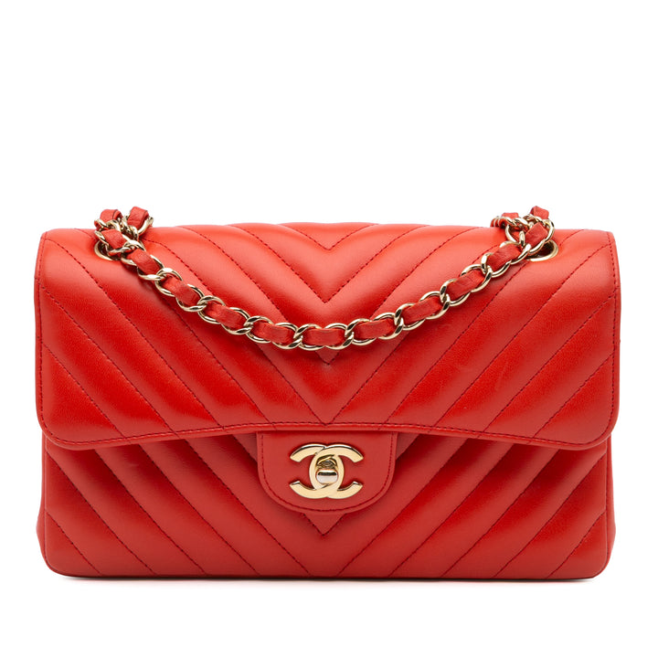 Chanel Small Classic Chevron Cuir d’agneau Double rabat Orange