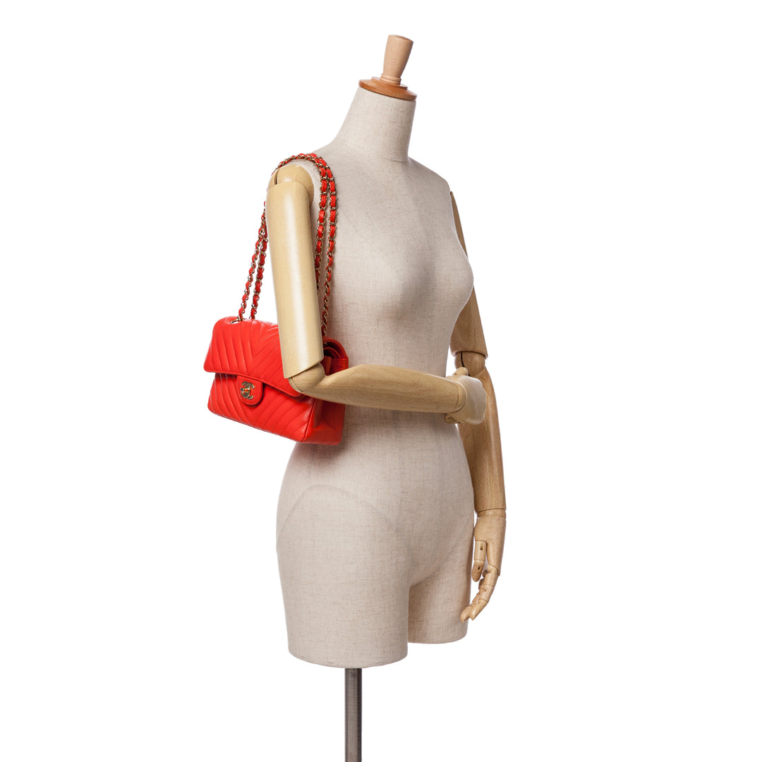 Chanel Small Classic Chevron Cuir d’agneau Double rabat Orange