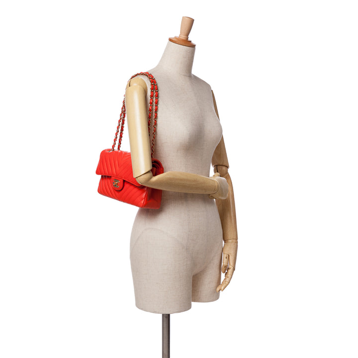 Chanel Small Classic Chevron Cuir d’agneau Double rabat Orange