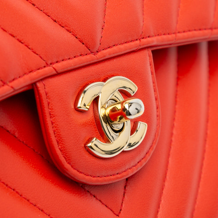 Chanel Small Classic Chevron Cuir d’agneau Double rabat Orange