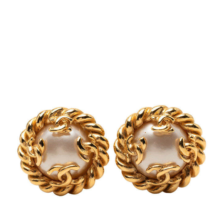 Chanel CC plaqué Perles fantaisie À clip Boucles d'oreilles Métal