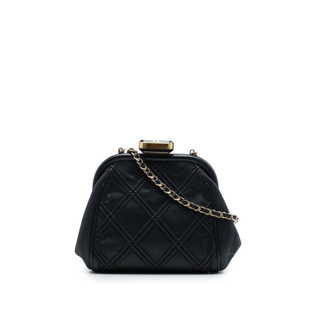CC Matelassé Double Stitch Kiss Lock Pochette avec chaîne Cuir d'agneau Noir