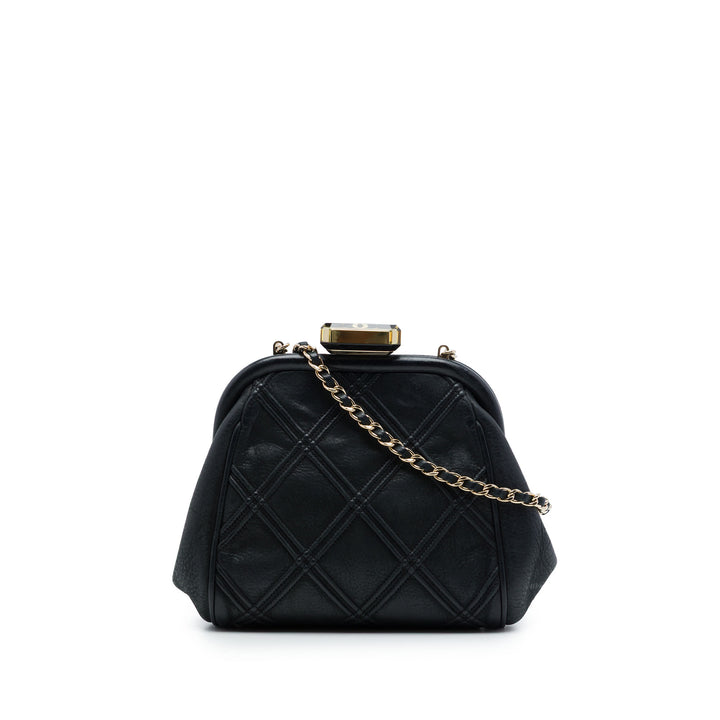 CC Matelassé Double Stitch Kiss Lock Pochette avec chaîne Cuir d'agneau Noir