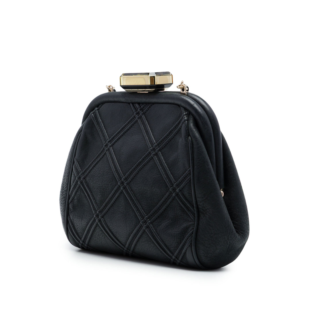 CC Matelassé Double Stitch Kiss Lock Pochette avec chaîne Cuir d'agneau Noir
