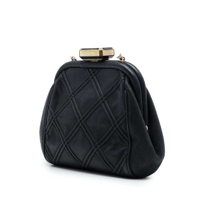 CC Matelassé Double Stitch Kiss Lock Pochette avec chaîne Cuir d'agneau Noir
