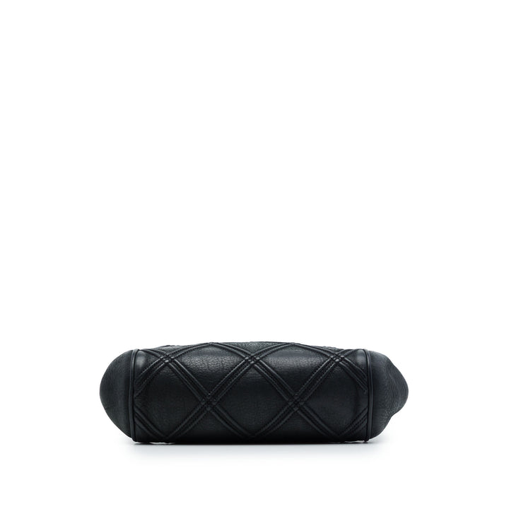 CC Matelassé Double Stitch Kiss Lock Pochette avec chaîne Cuir d'agneau Noir