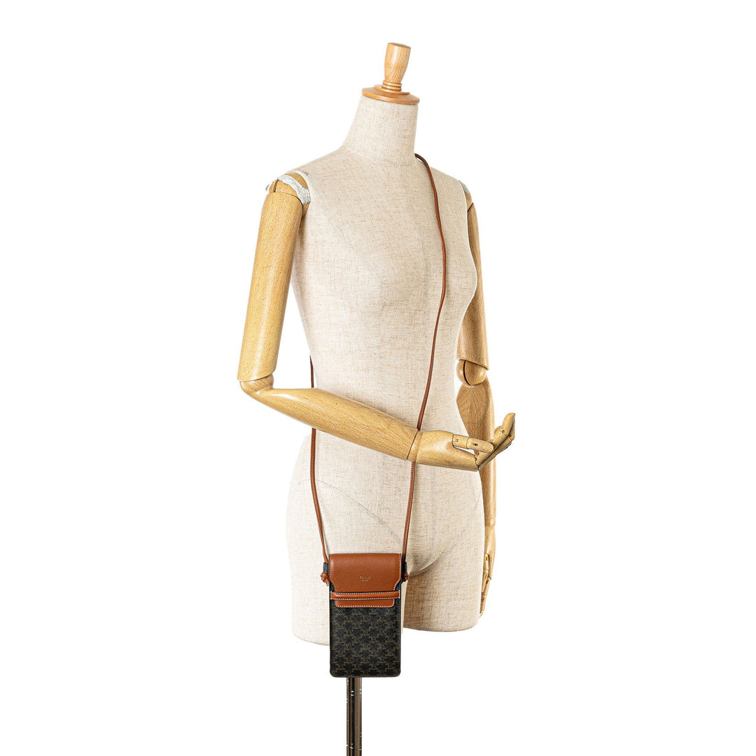 Celine Triomphe Coated Canvas and Lambskin Phone Pouch with Flap Brown - GABY PARIS