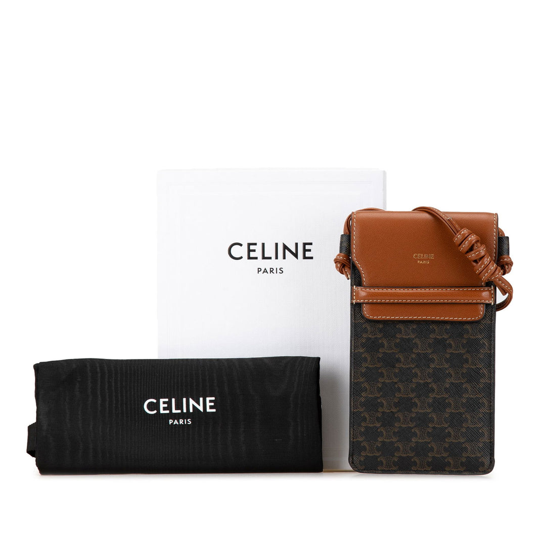 Celine Triomphe Coated Canvas and Lambskin Phone Pouch with Flap Brown - GABY PARIS