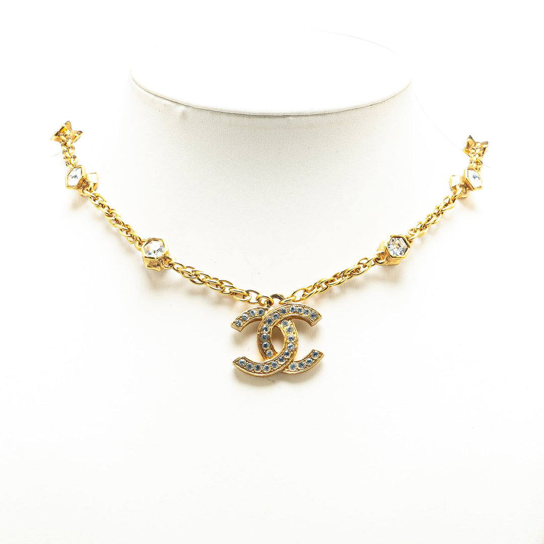Chanel Gold Plated CC Rhinestones Pendant Necklace Gold - GABY PARIS