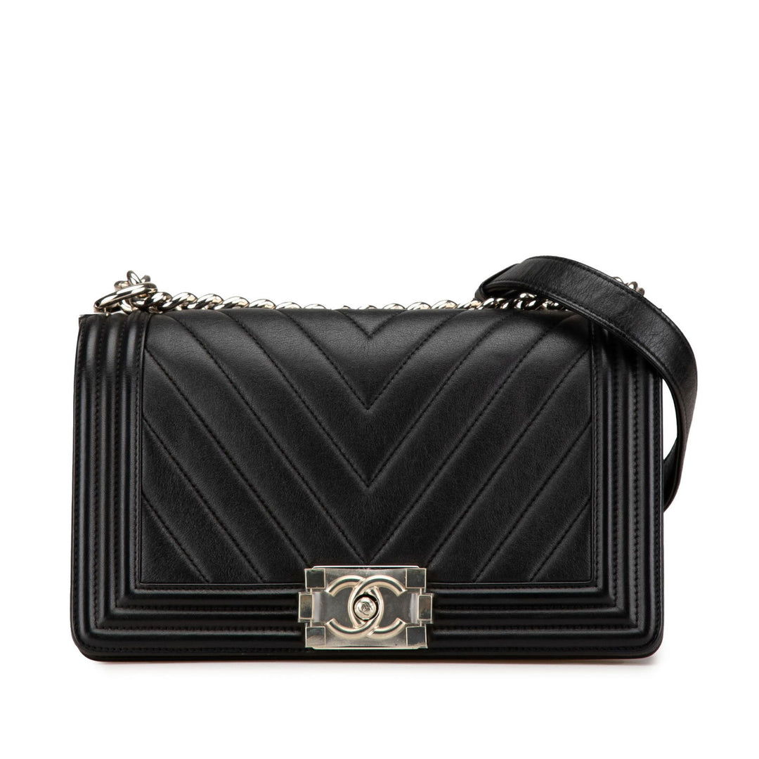 Chanel Medium Calfskin Chevron Boy Flap Black - GABY PARIS