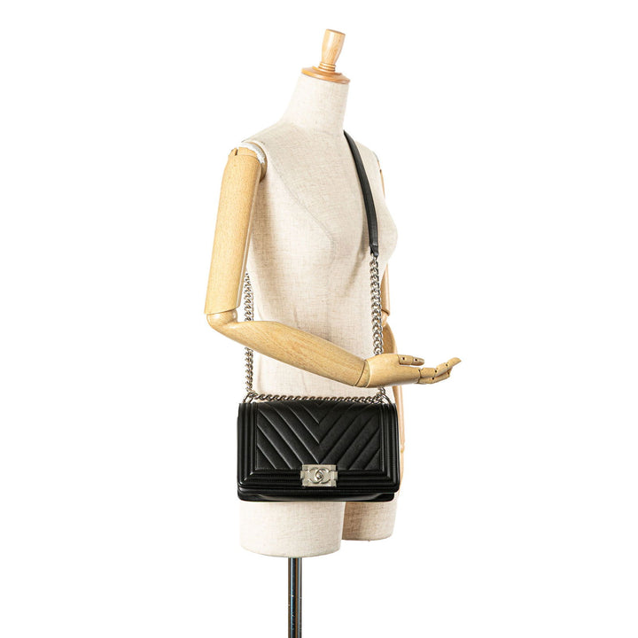 Chanel Medium Calfskin Chevron Boy Flap Black - GABY PARIS