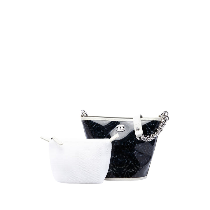 PVC et Froissé Camellia Coco Sac seau Petit Cuir de veau Noir