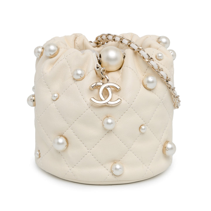 Mini Quilted Lambskin About Pearls Drawstring Bucket Bag White - Gaby Paris