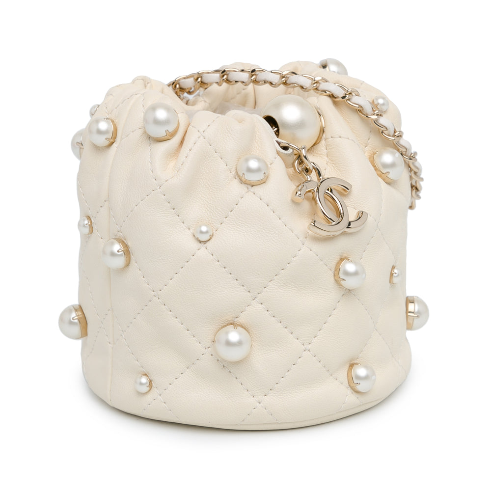 Mini Quilted Lambskin About Pearls Drawstring Bucket Bag White - Gaby Paris