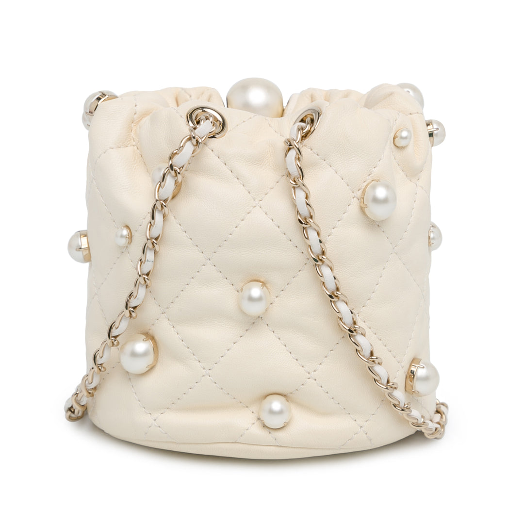 Mini Quilted Lambskin About Pearls Drawstring Bucket Bag White - Gaby Paris