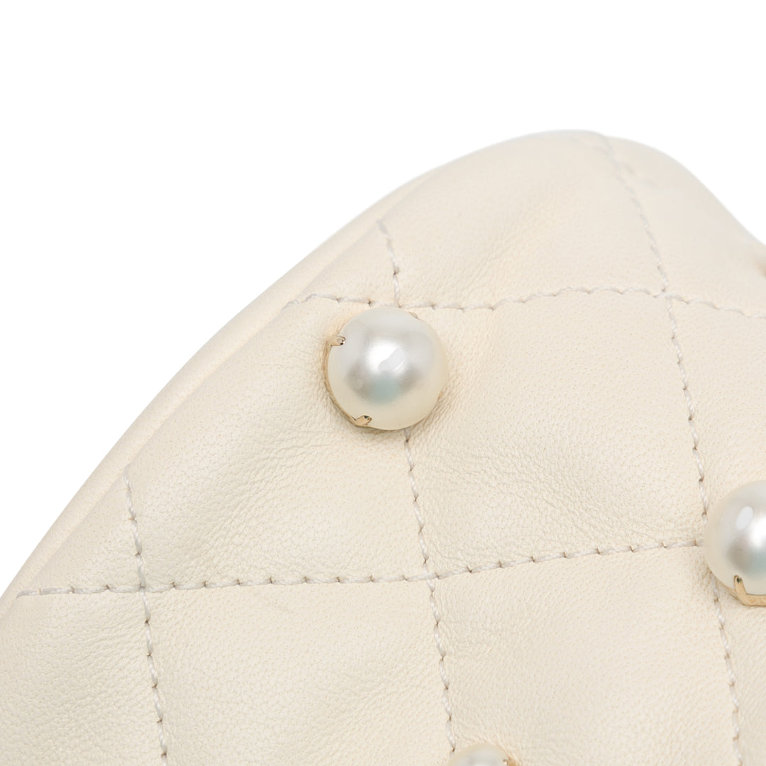 Mini Quilted Lambskin About Pearls Drawstring Bucket Bag White - Gaby Paris