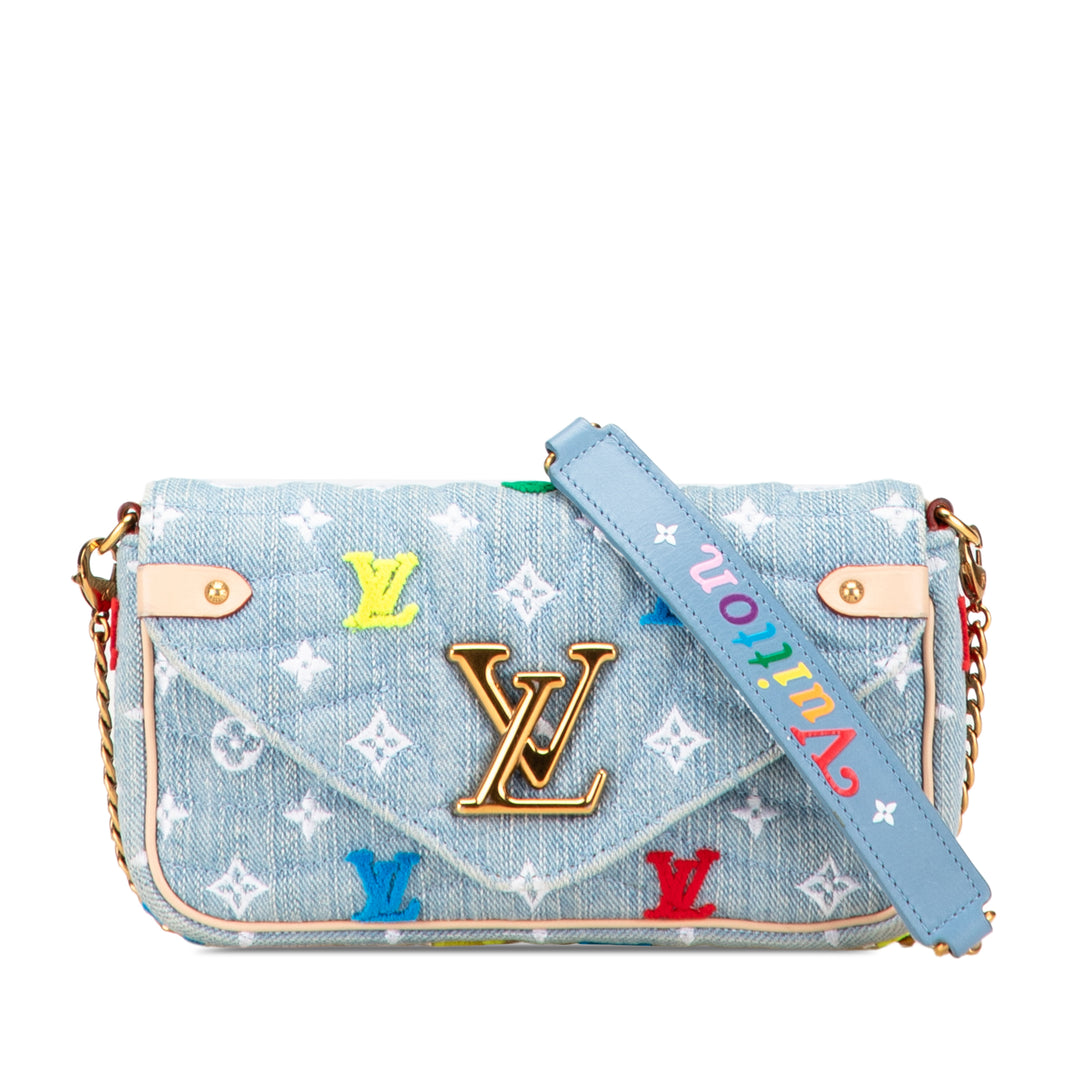 Embroidered Monogram Denim New Wave Chain Pochette Blue - Gaby Paris