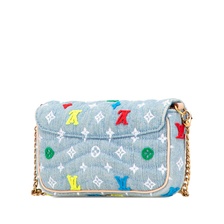Embroidered Monogram Denim New Wave Chain Pochette Blue - Gaby Paris