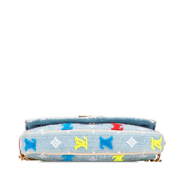 Embroidered Monogram Denim New Wave Chain Pochette Blue - Gaby Paris