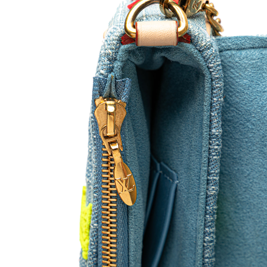 Embroidered Monogram Denim New Wave Chain Pochette Blue - Gaby Paris