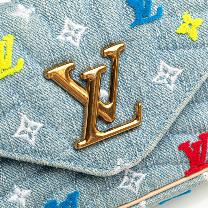 Embroidered Monogram Denim New Wave Chain Pochette Blue - Gaby Paris