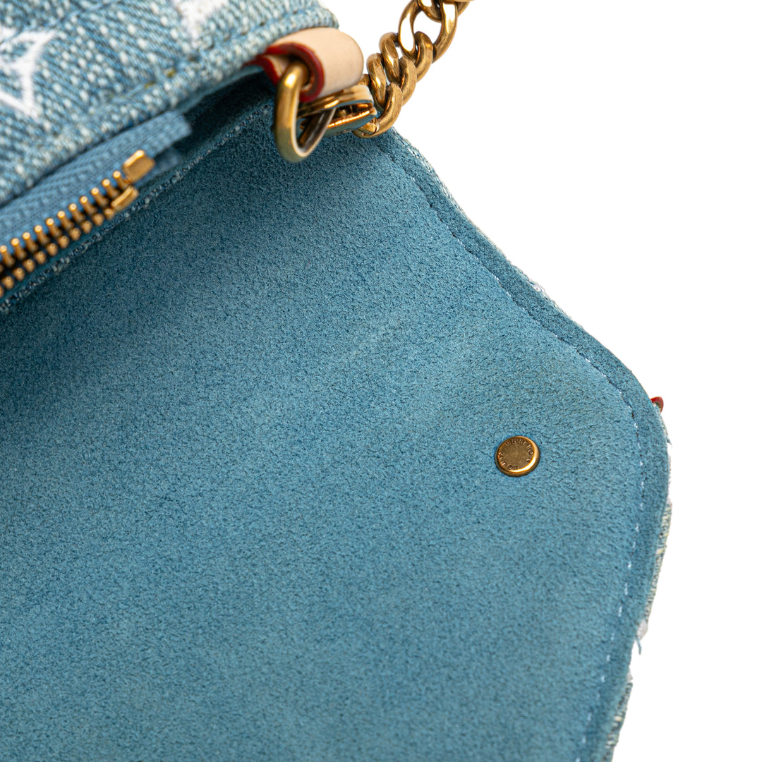 Embroidered Monogram Denim New Wave Chain Pochette Blue - Gaby Paris