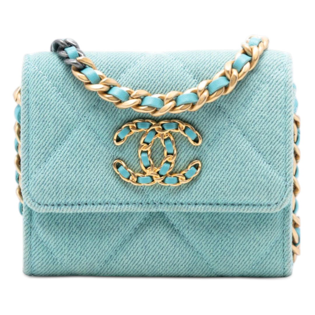 Chanel Matelassé 19 Porte-cartes avec chaîne Jean Bleu
