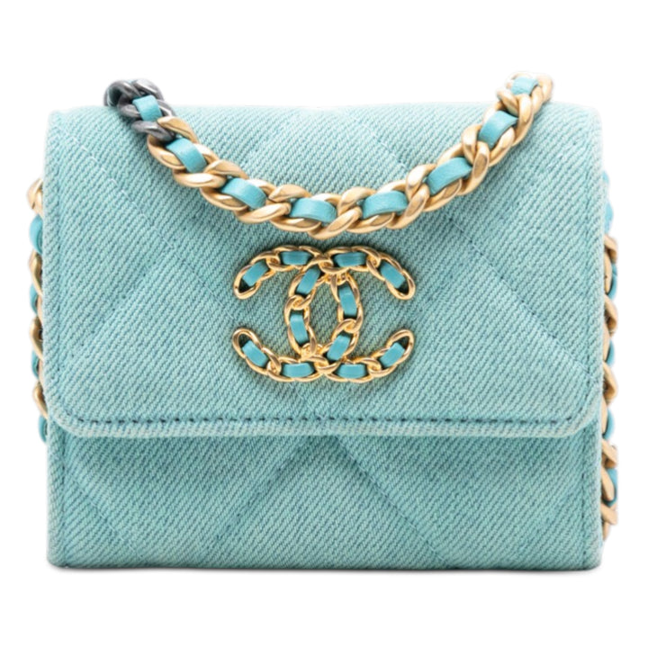 Chanel Matelassé 19 Porte-cartes avec chaîne Jean Bleu