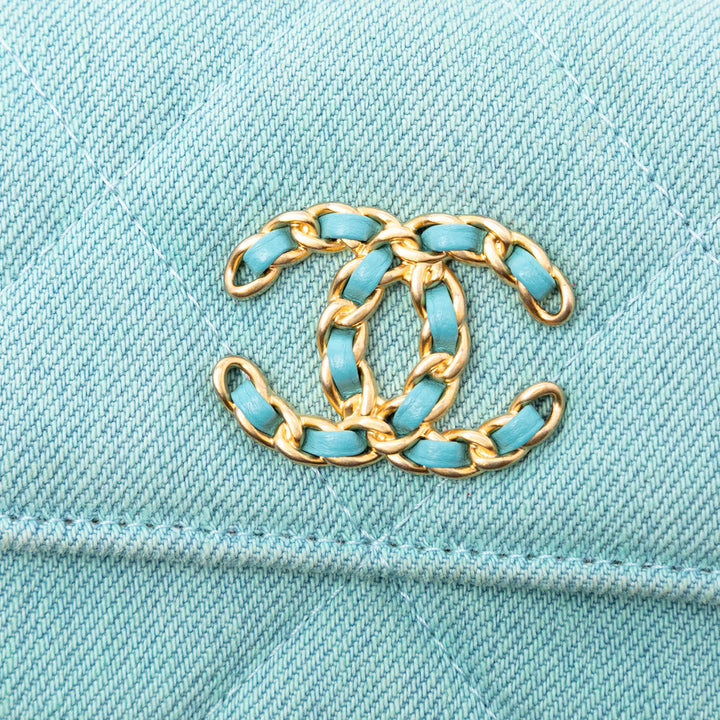 Chanel Matelassé 19 Porte-cartes avec chaîne Jean Bleu
