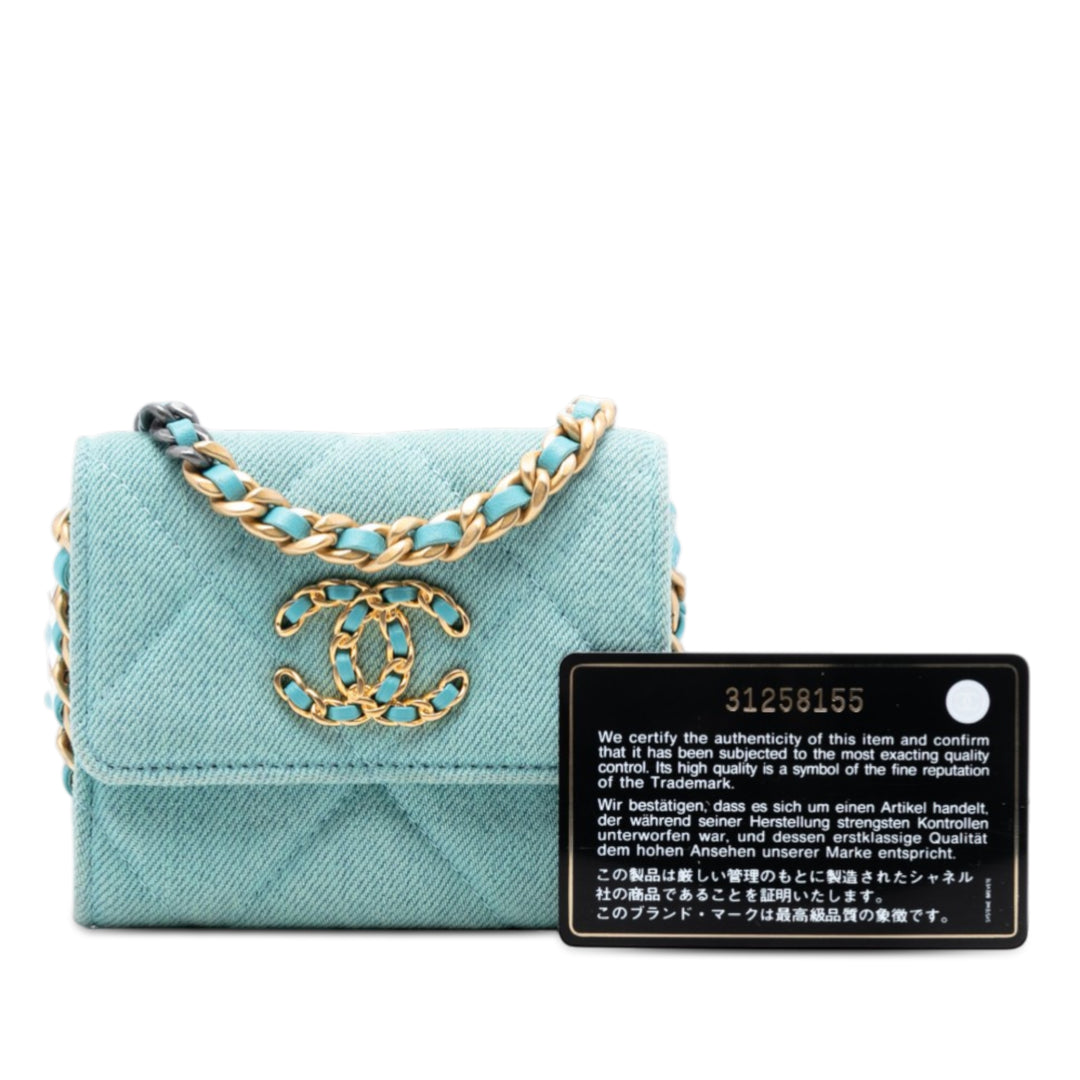 Chanel Matelassé 19 Porte-cartes avec chaîne Jean Bleu