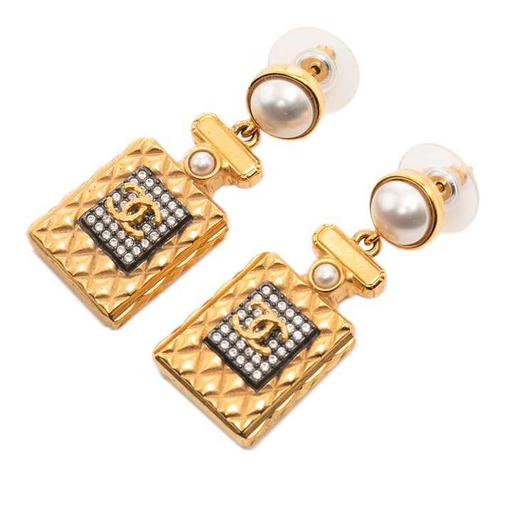 Chanel plaqué Perles fantaisie et Strass CC Perfume Bottle pendantes Boucle d’oreilles
