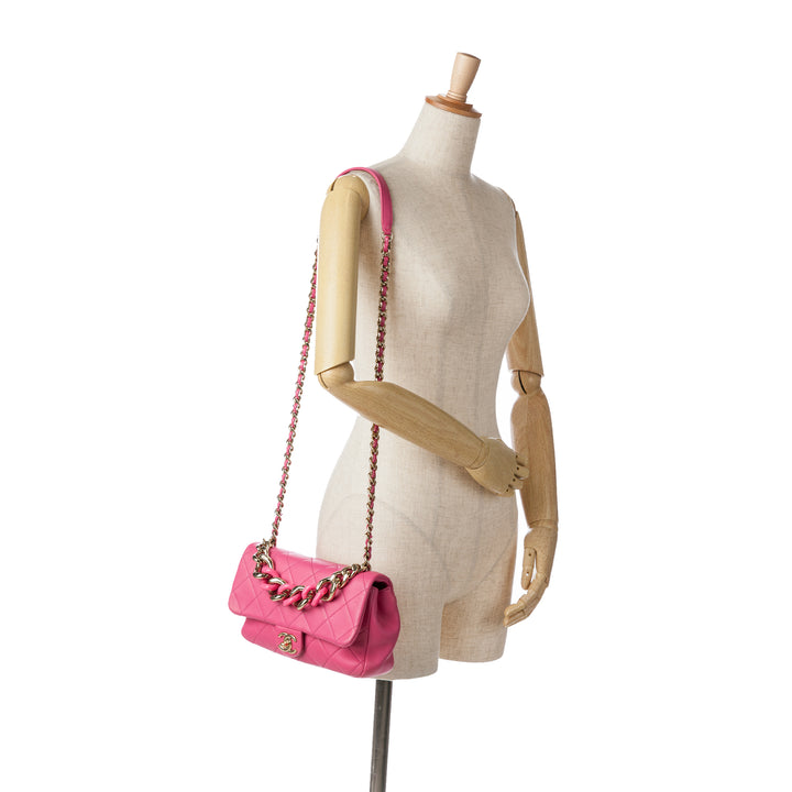 Small Lambskin Elegant Chain Single Flap Pink - Gaby Paris