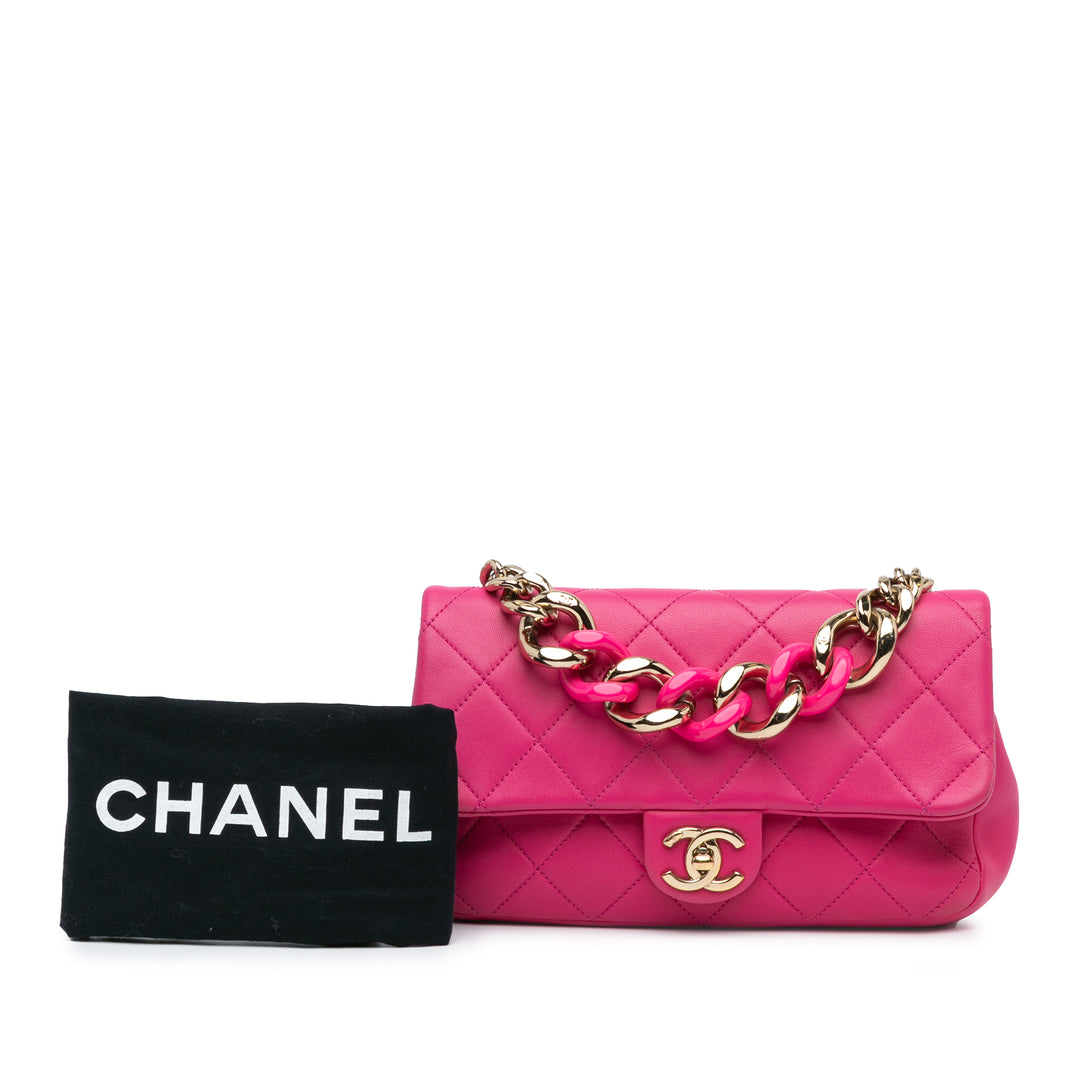 Small Lambskin Elegant Chain Single Flap Pink - Gaby Paris