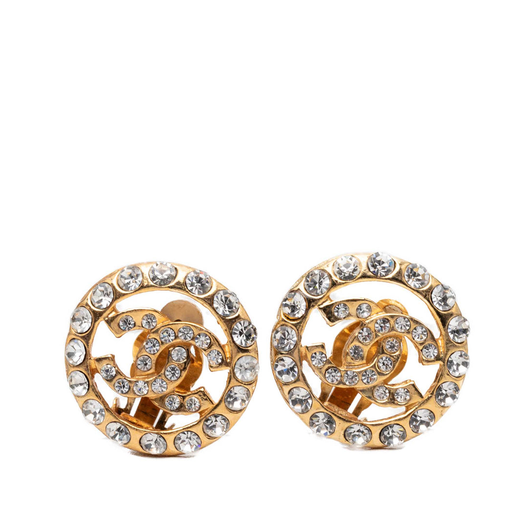Chanel CC plaqué Strass Rond Clip On Boucles d’oreilles