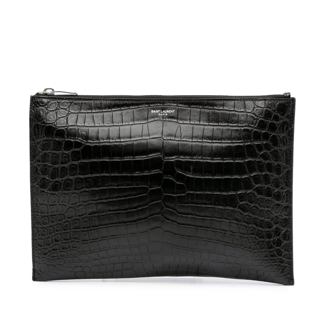 Croc Embossed Leather Clutch Black - Gaby Paris