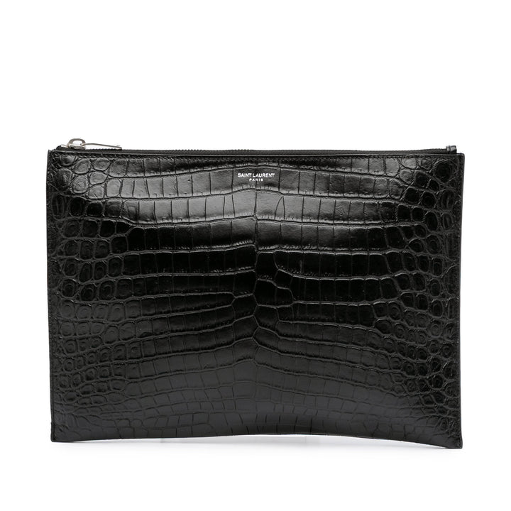 Croc Embossed Leather Clutch Black - Gaby Paris