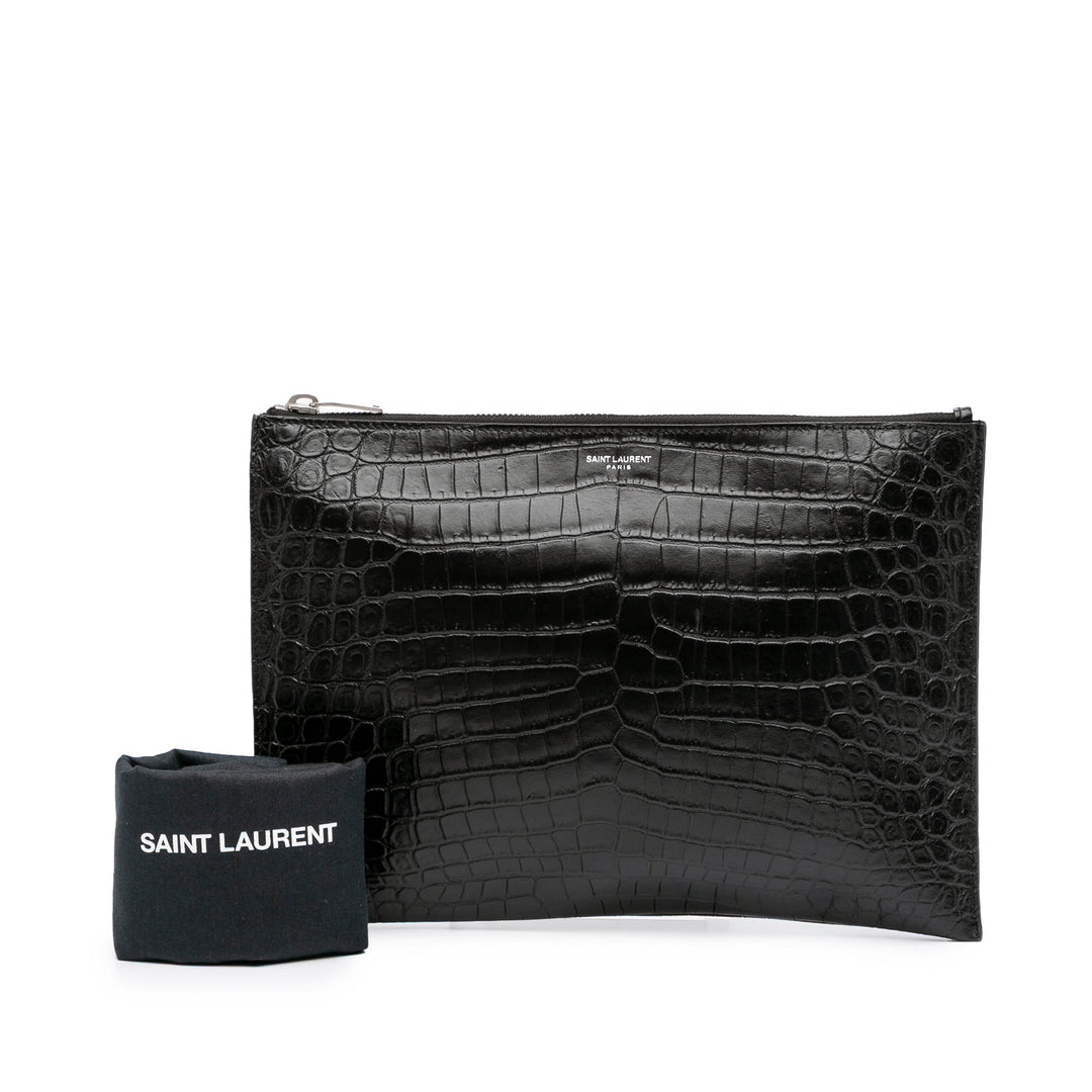 Croc Embossed Leather Clutch Black - Gaby Paris