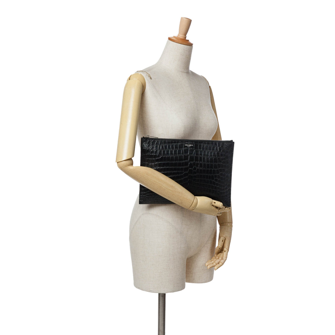 Croc Embossed Leather Clutch Black - Gaby Paris