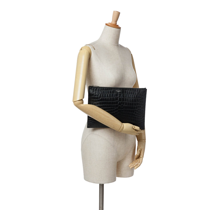 Croc Embossed Leather Clutch Black - Gaby Paris
