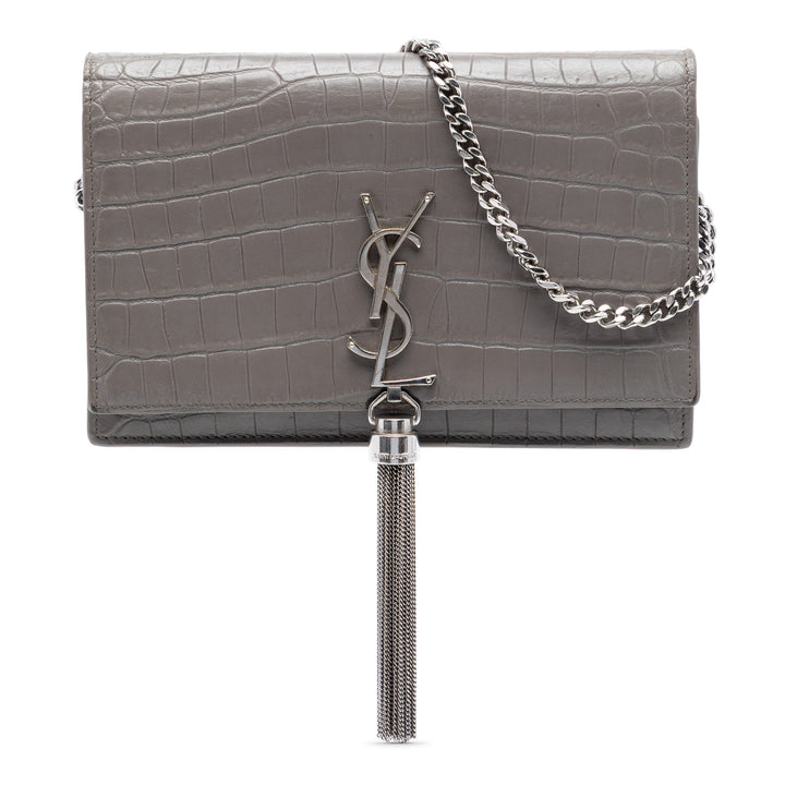 Saint Laurent Croc embossé Cuir Monogram Kate Pompon Wallet on Chain