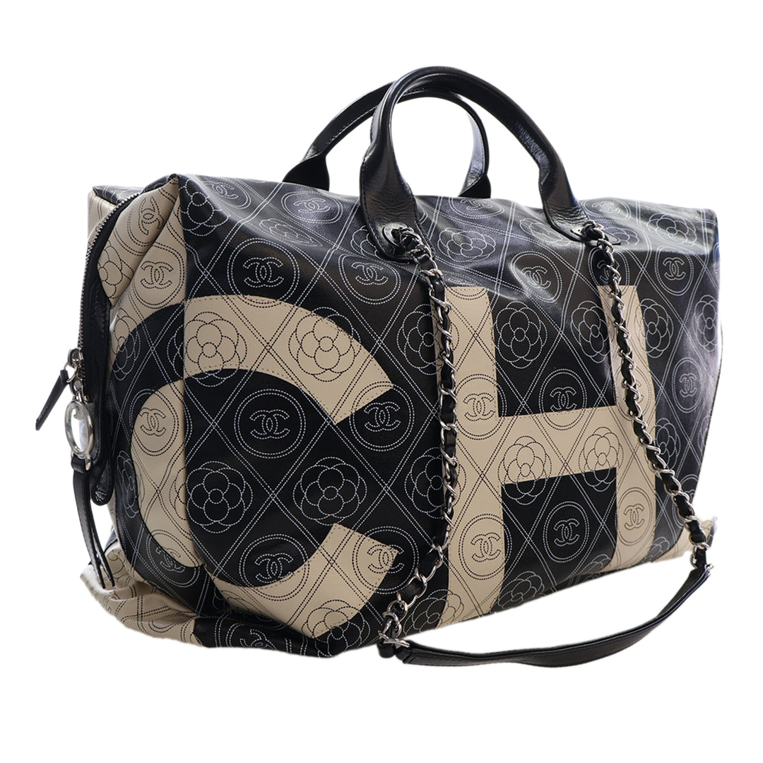 Chanel Camellia Logo Sac bowling Grand Toile enduite