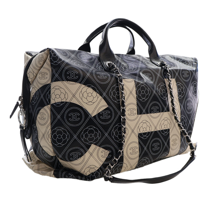 Chanel Camellia Logo Sac bowling Grand Toile enduite