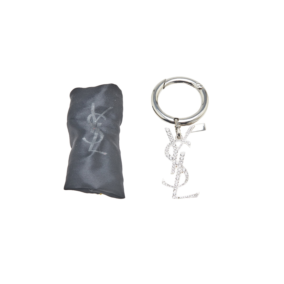 Saint Laurent Argenté Plated Rhinestones Logo Keychain Argenté